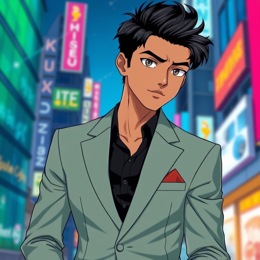 A 23-year-old Indian man in an anime style, wearing a stylish greyish-green suit paired with a sleek black shirt