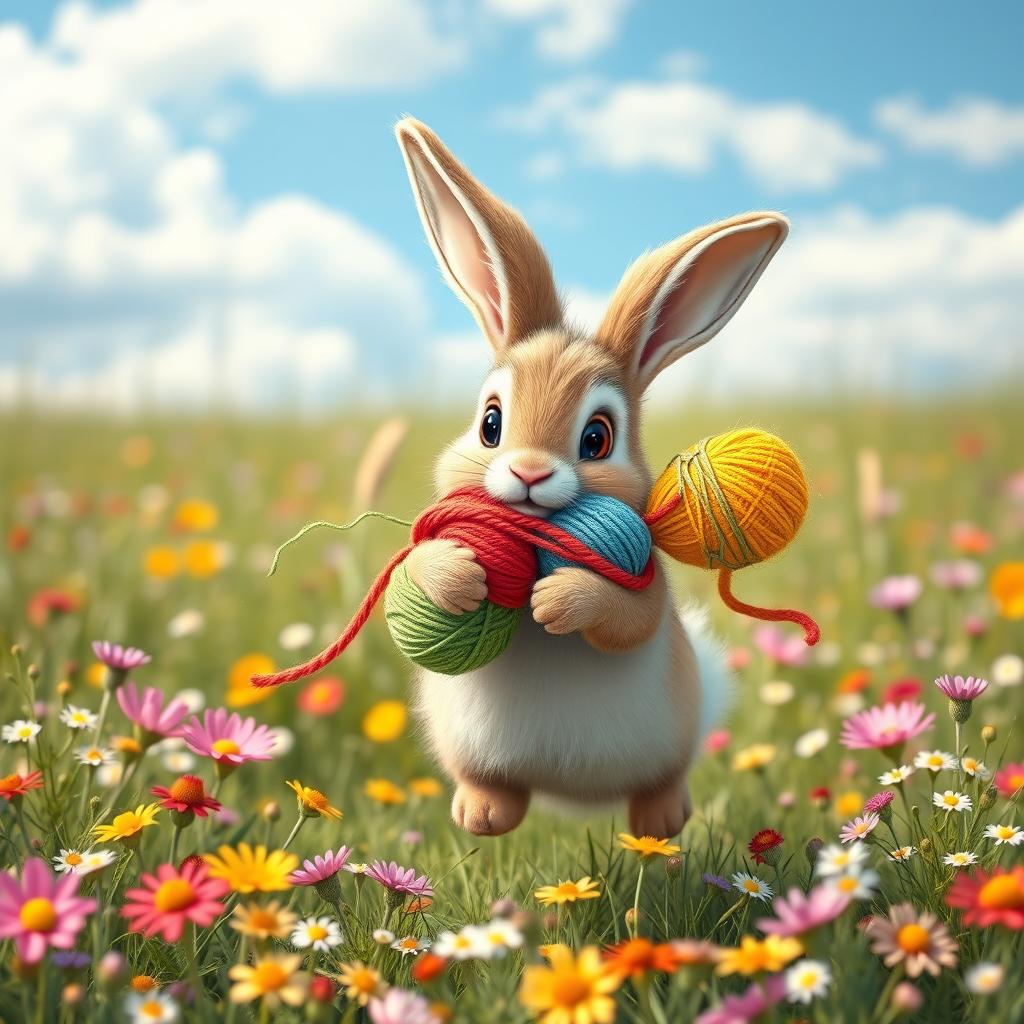 A cute rabbit carrying colorful yarn balls in its mouth, hopping happily through a flower-filled meadow