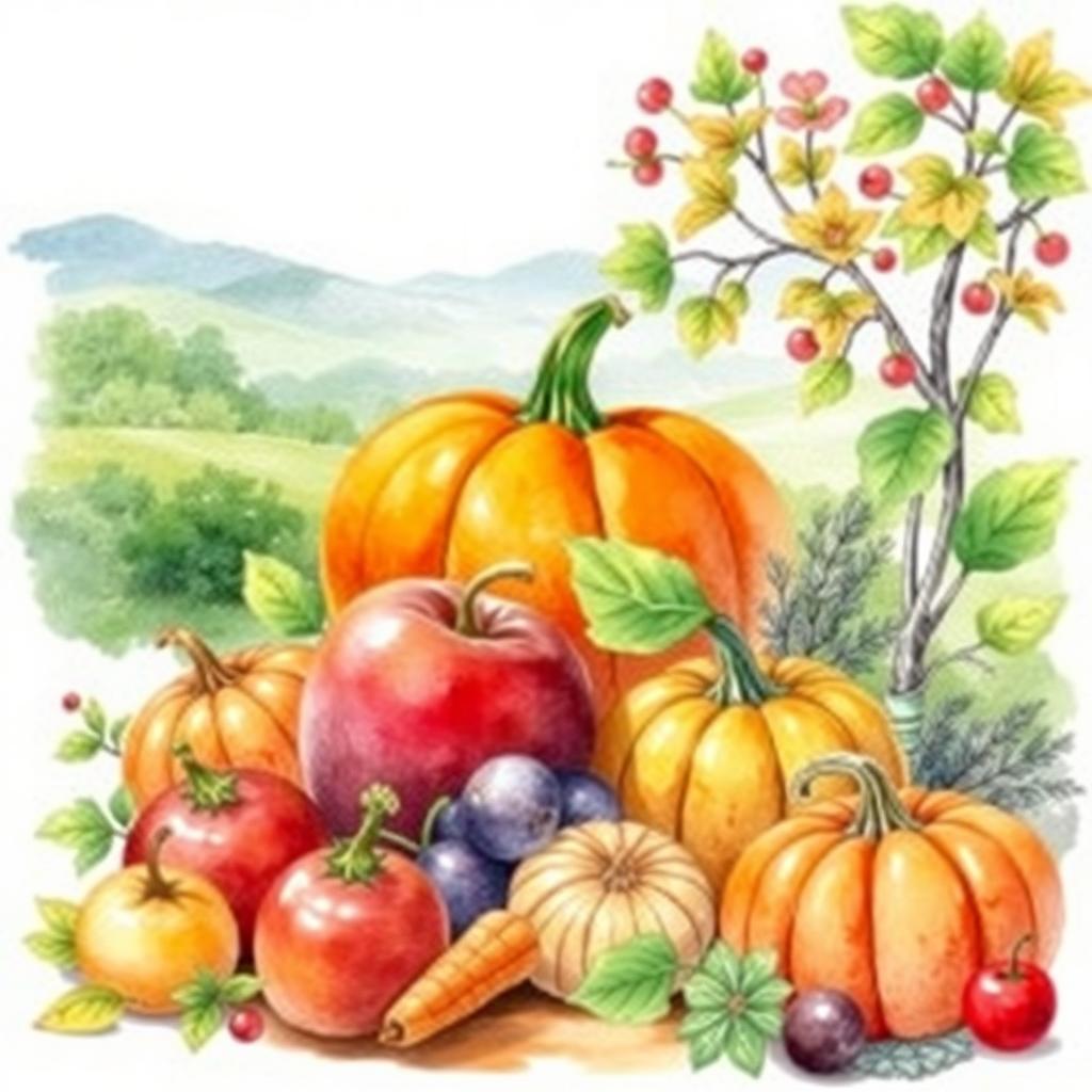 A full-page A4 portrait watercolor book cover design featuring vibrant colors focused on the theme of vegetable gardening aimed at self-sufficiency in the Marne climate