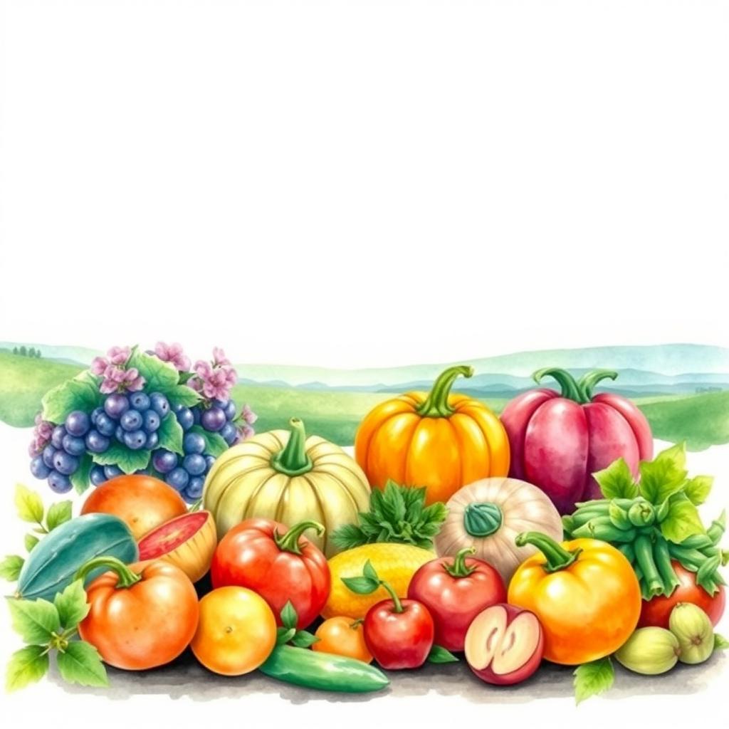 A full-page A4 portrait watercolor book cover design featuring vibrant colors that captures the theme of vegetable gardening aimed at self-sufficiency in the Marne climate