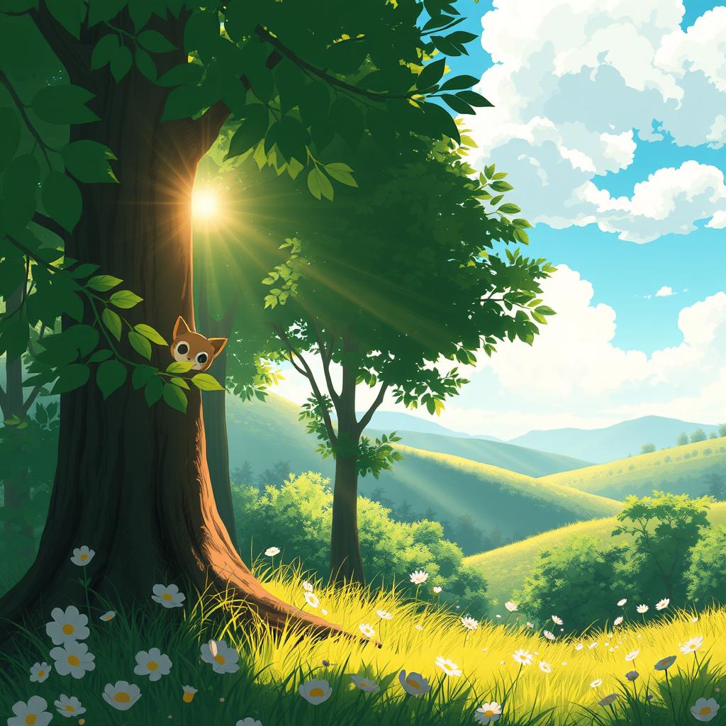 A serene forest scene inspired by Studio Ghibli, featuring vibrant green foliage and whimsical, soft-colored flowers dotting the landscape