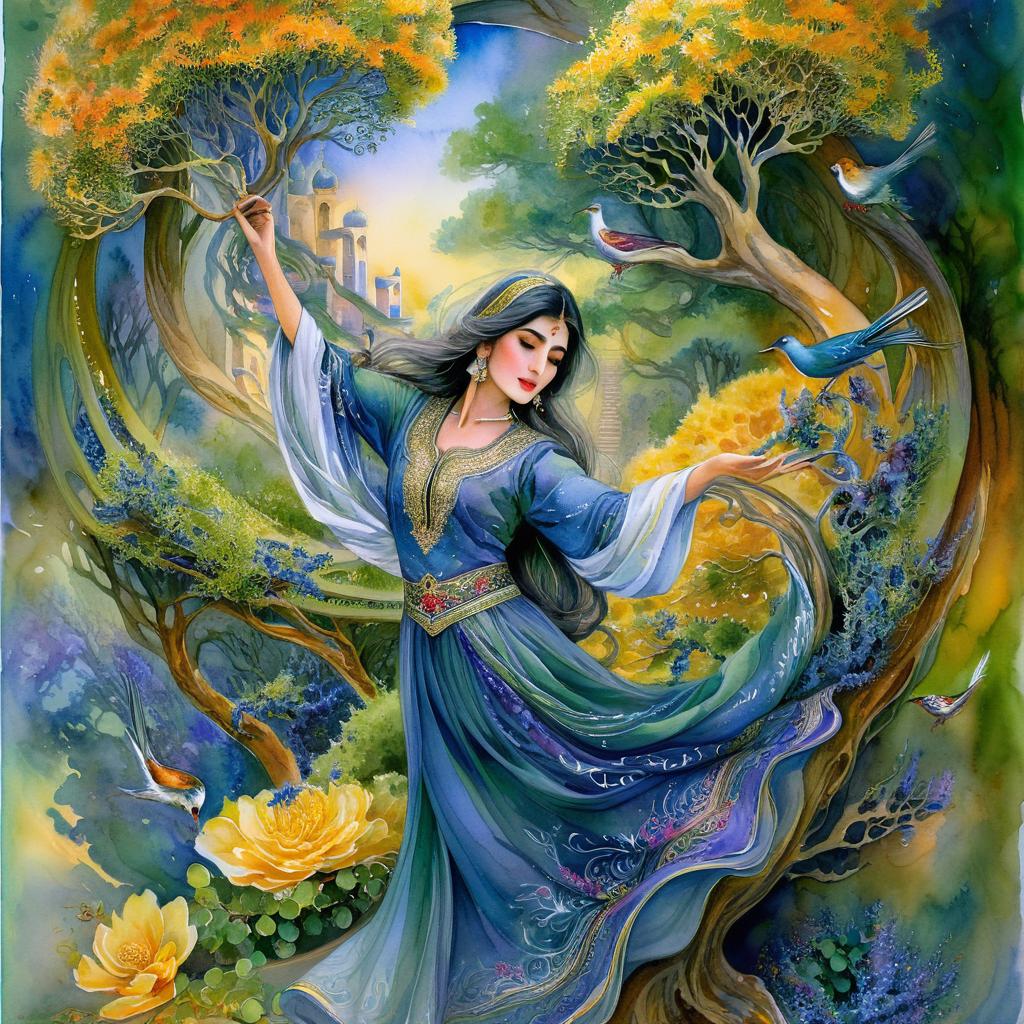 Mystical and spiritual watercolor painting of a beautiful Iranian woman in traditional dress, in Hafez, Shiraz, suspended in the air in a swirl of multicolored flowers, a maze of asymmetrical bonsai trees, a whirlwind of beautiful birds, and a forest of grapes in a spectrum of green, yellow, and blue.