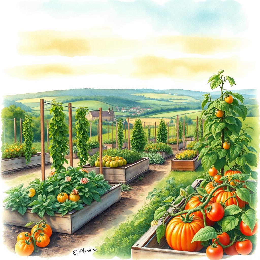 A full-page A4 portrait watercolor book cover design featuring vibrant colors focused on the theme of vegetable gardening aimed at self-sufficiency in the Marne climate