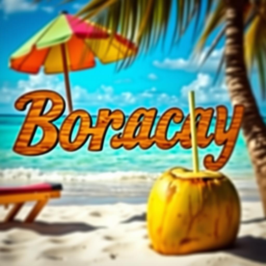 A beautiful tropical scene featuring the word "Boracay" intricately engraved in a vibrant wooden design