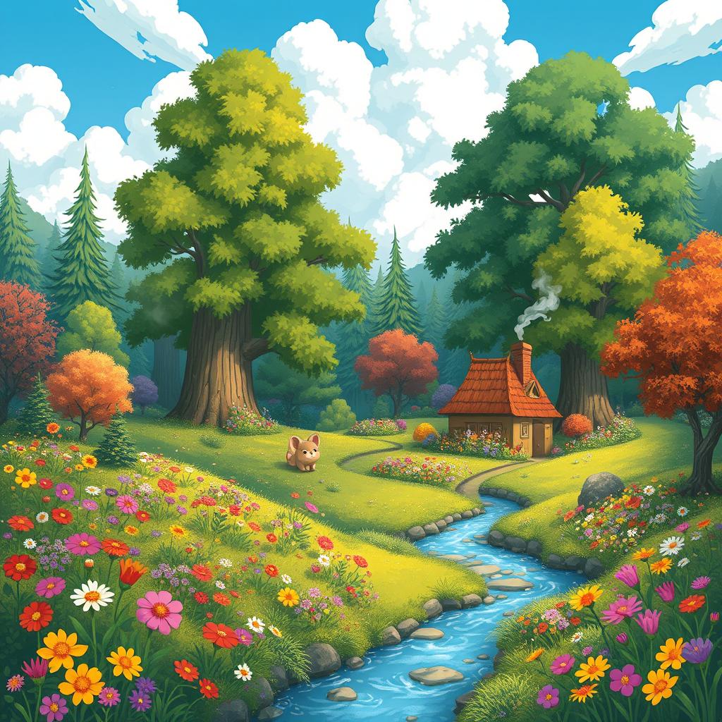 A whimsical, enchanted forest scene reminiscent of Studio Ghibli's animation style, featuring a vibrant, lush landscape filled with magical creatures, towering trees, and colorful flowers