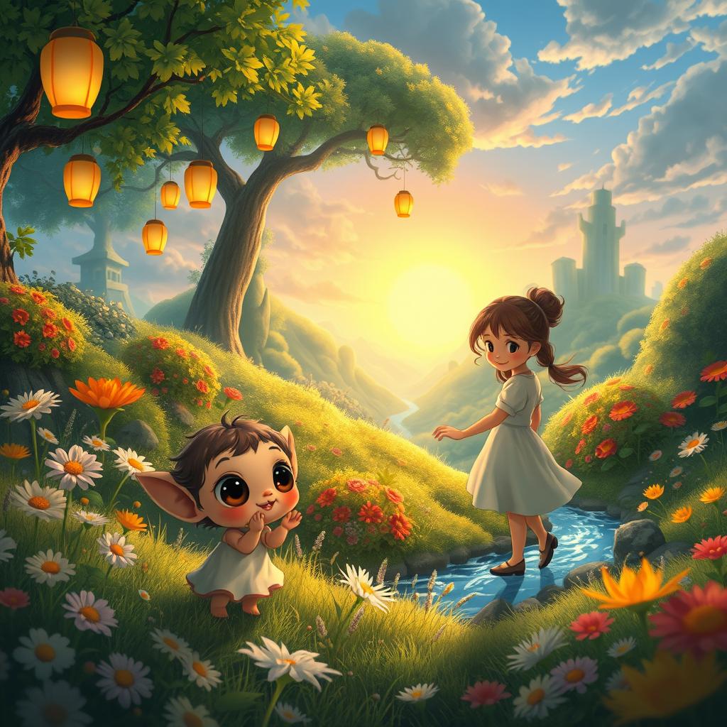 A whimsical and enchanting scene inspired by Studio Ghibli's art style, featuring a lush forest filled with adorable creatures and vibrant flowers