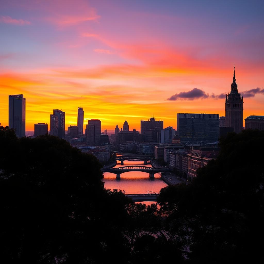 A vibrant city skyline as seen from a scenic horizon