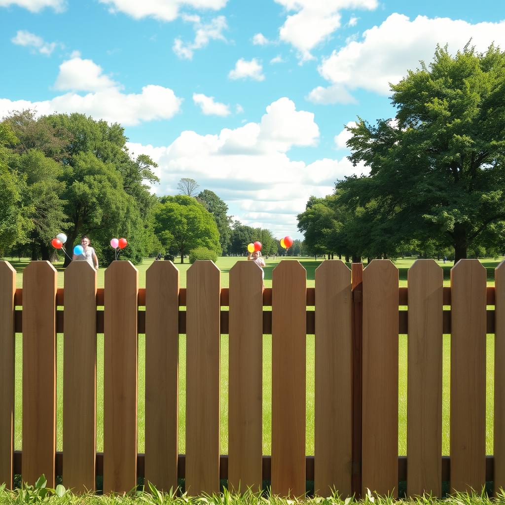 A serene park scene with a large wooden fence in the foreground