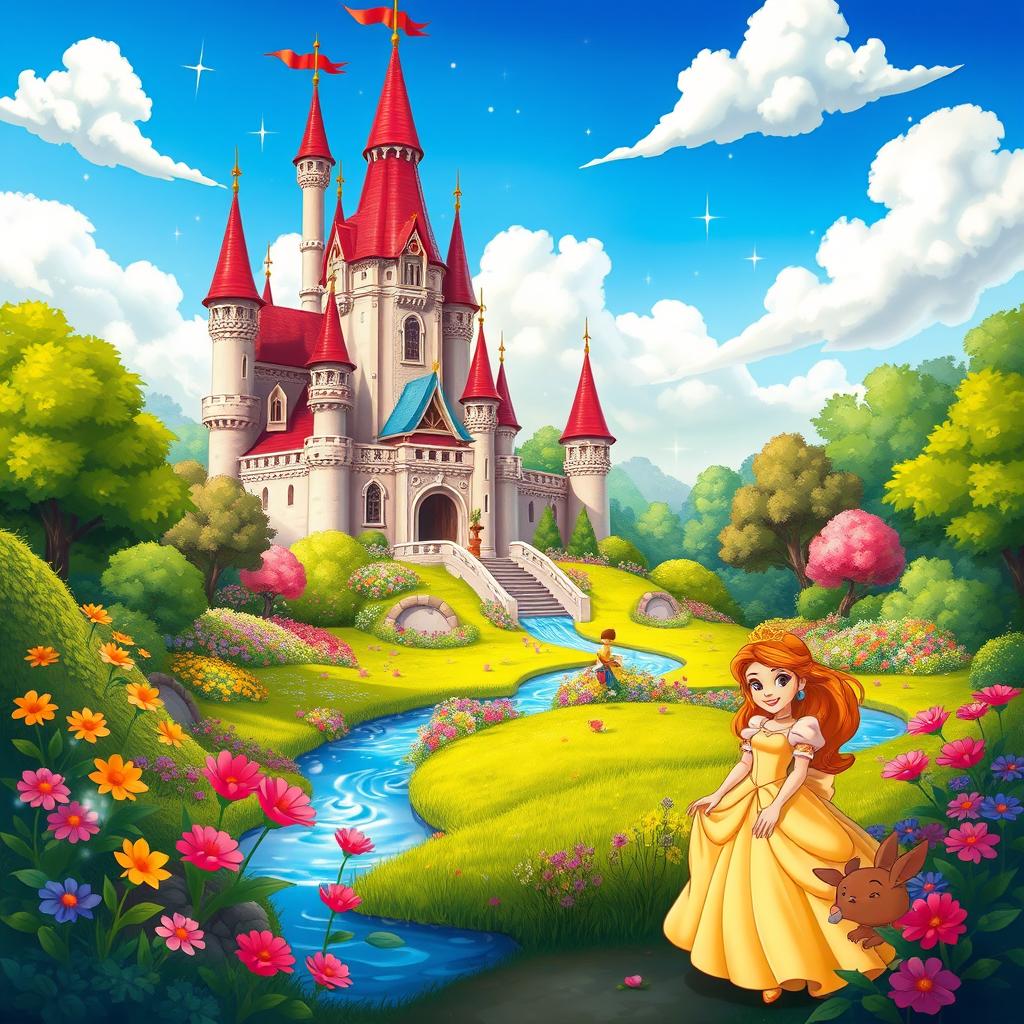 A vibrant Disney-style fairy tale scene featuring a whimsical castle set amidst a lush, enchanted forest