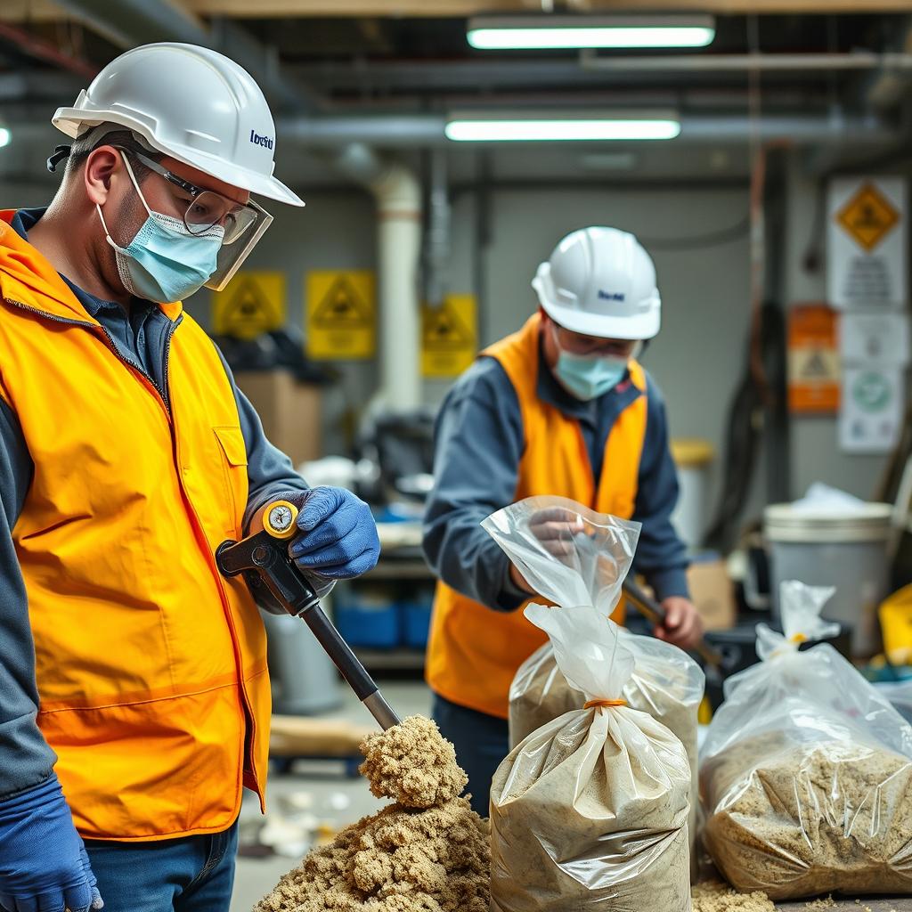 Two workers in personal protective equipment (PPE), wearing protective masks, engaged in the process of removing asbestos