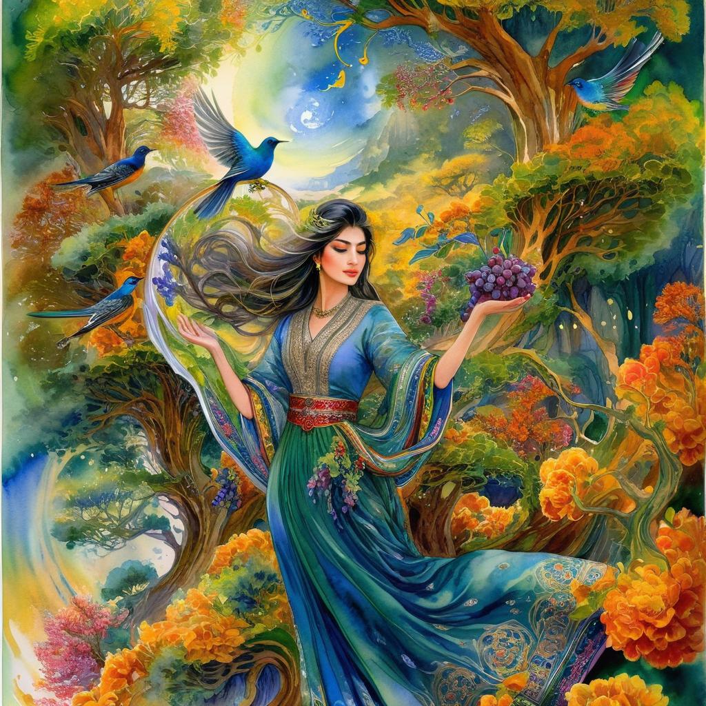 Mystical and spiritual watercolor painting of a beautiful Iranian woman in traditional dress, in Iranian architecture and illumination, suspended in the air in a swirl of multicolored flowers, a maze of asymmetrical bonsai trees, a whirlwind of beautiful birds, and a forest of grapes in a blanket of green, yellow, and blue.