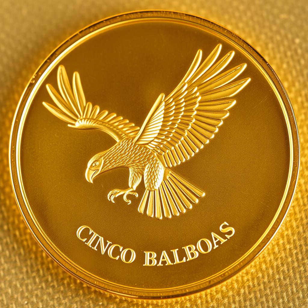 A stunningly designed gold coin featuring a majestic harpy eagle in flight, showcasing its powerful wings and sharp gaze, centered on the coin