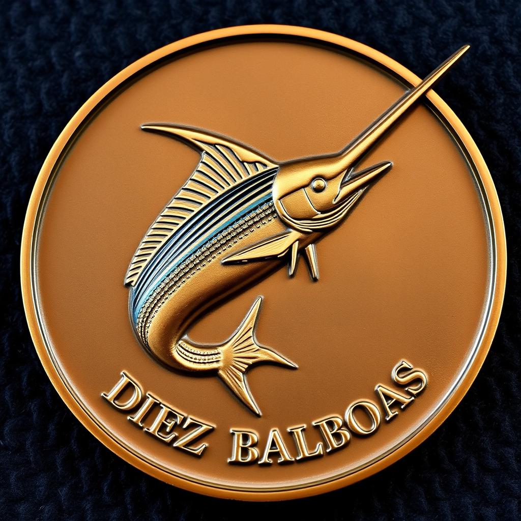An exquisitely crafted bronze coin featuring a striking marlin fish in an action-oriented pose, showcasing its elongated body and distinctive dorsal fin