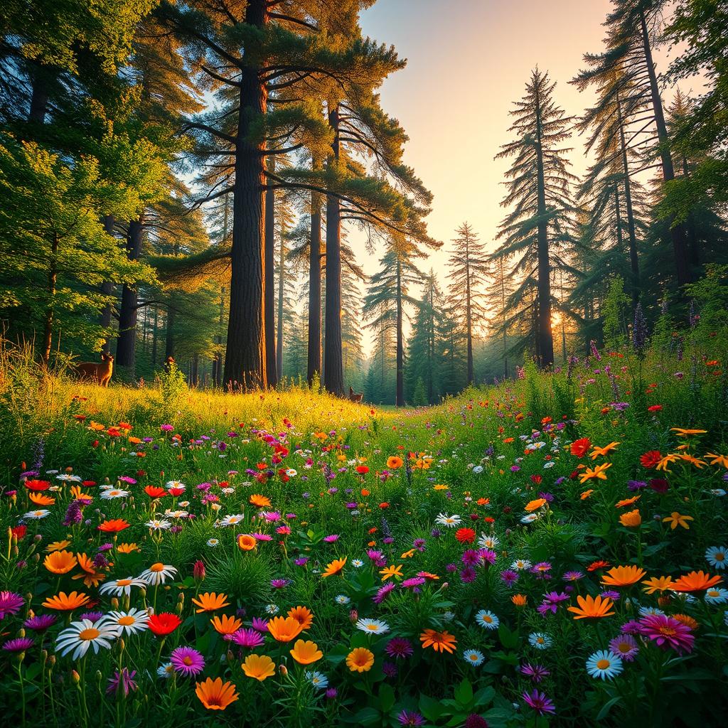 A lush, vibrant forest scene illuminated by the golden light of dawn, showcasing a variety of beautiful and colorful wildflowers in full bloom