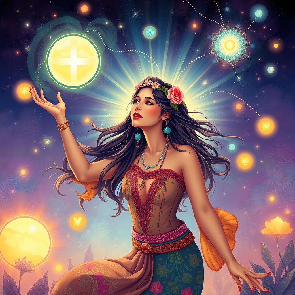 A vibrant illustration of a radiant woman flourishing through personal development, embodying confidence and grace