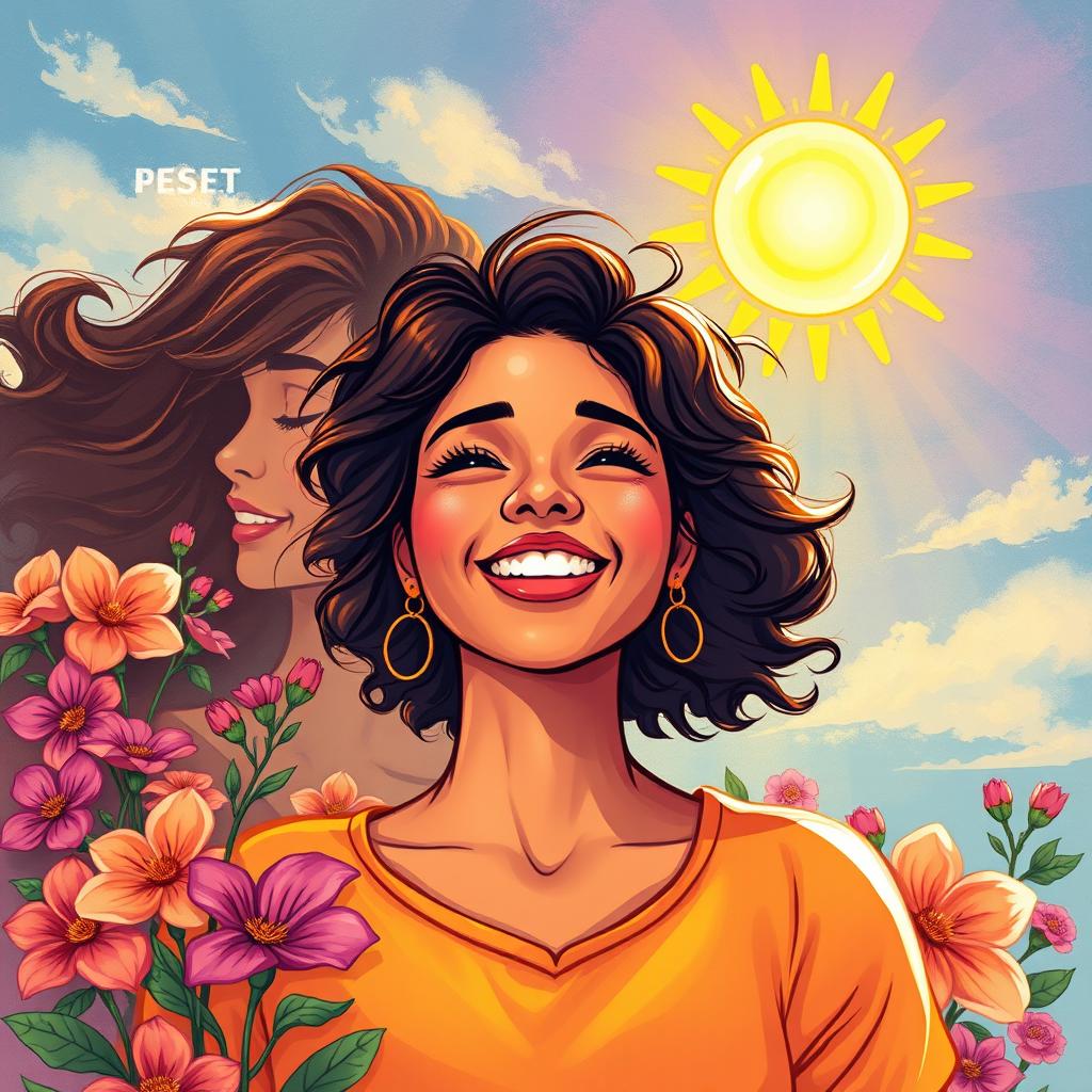 A vibrant and captivating illustration for a novel cover, showcasing a woman radiating confidence and happiness in the foreground