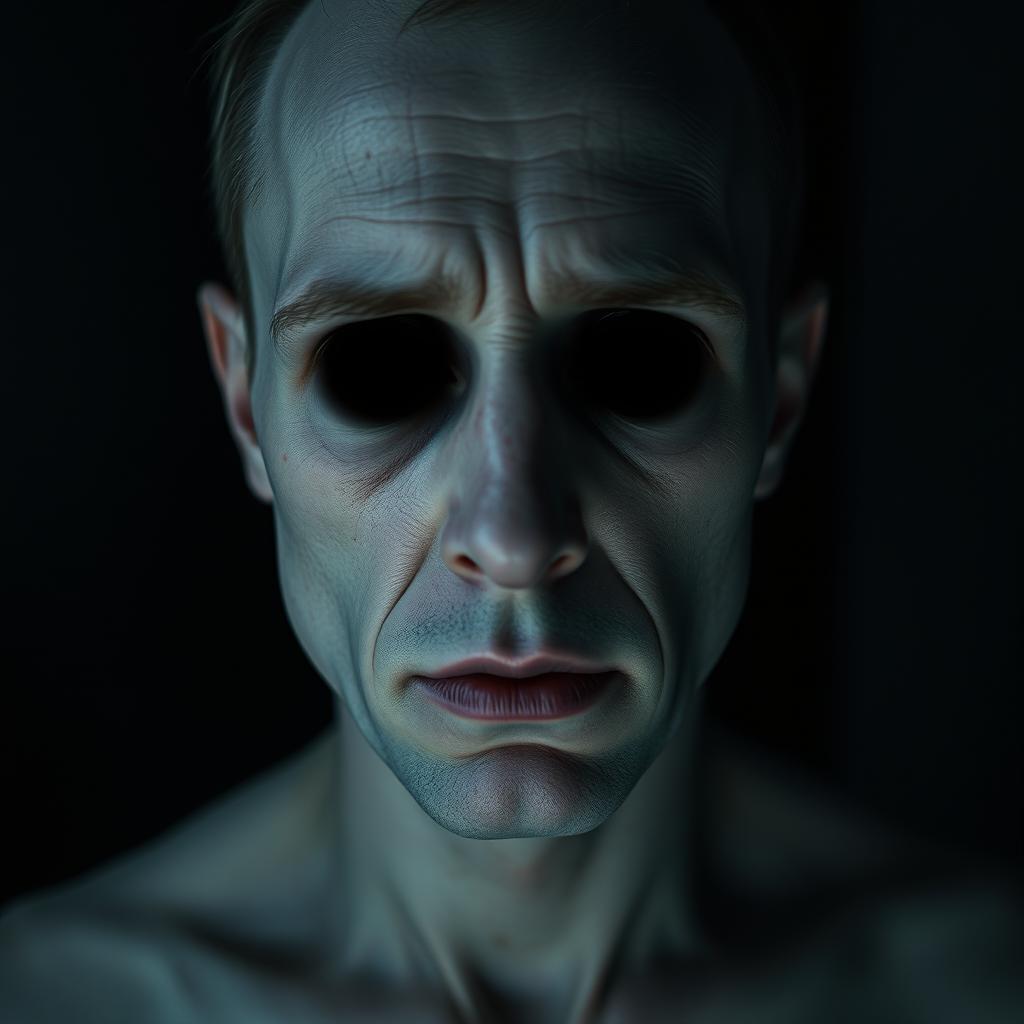 A haunting portrait of a man with a pale complexion, exuding a gloomy atmosphere