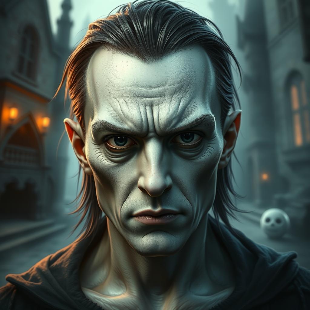 A captivating portrait of a man with a pale complexion, embodying a gloomy presence