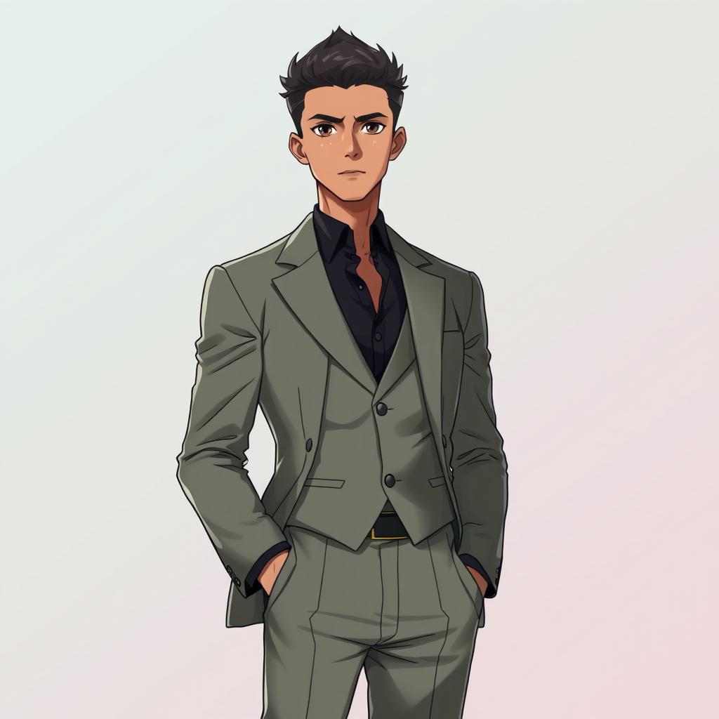 A full-length portrait of a 23-year-old Indian man in an anime style, dressed in a stylish greyish-green suit with a sleek black shirt underneath