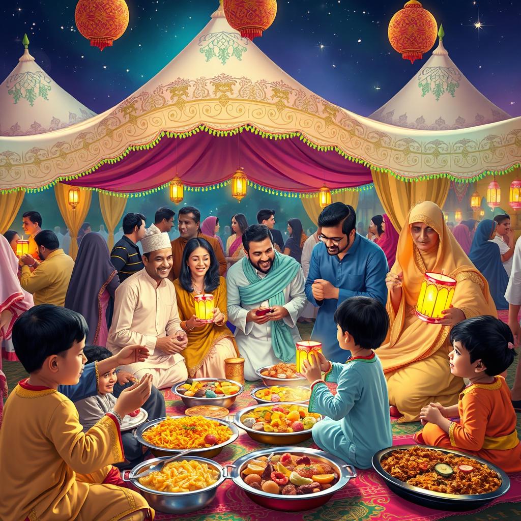 A vibrant and festive Eid celebration scene, showcasing families dressed in traditional attire, sharing joyous moments and exchanging gifts