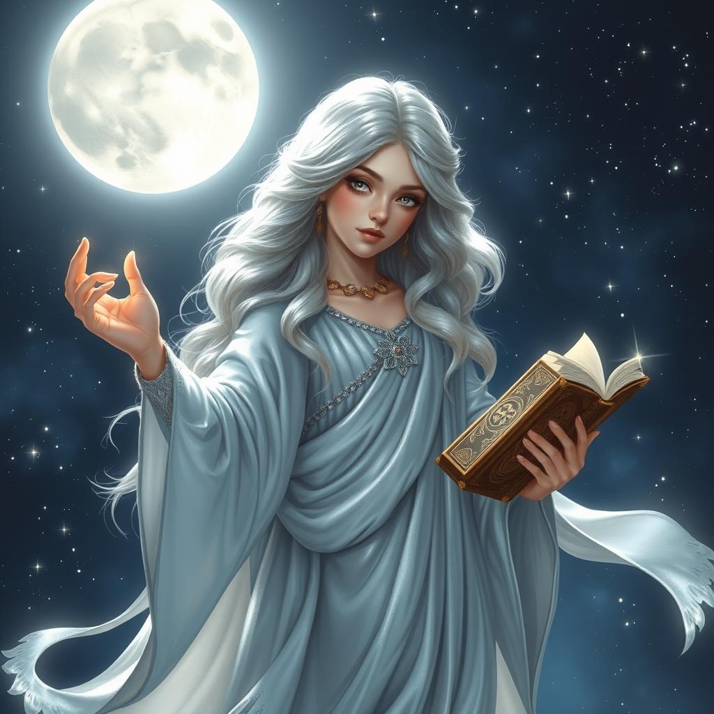 A powerful and ethereal female halfling goddess representing the Silver Moon, exuding wisdom and celestial beauty