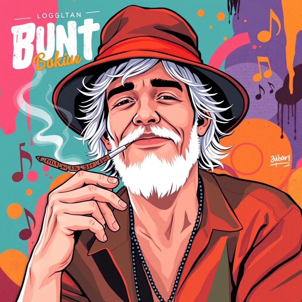 A vibrant album cover illustration featuring a white man with tousled hair wearing a bucket hat, casually smoking a joint