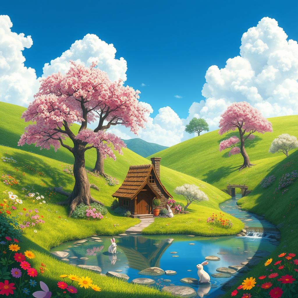 A whimsical, enchanting landscape filled with lush green hills and vibrant wildflowers, under a bright blue sky with fluffy white clouds