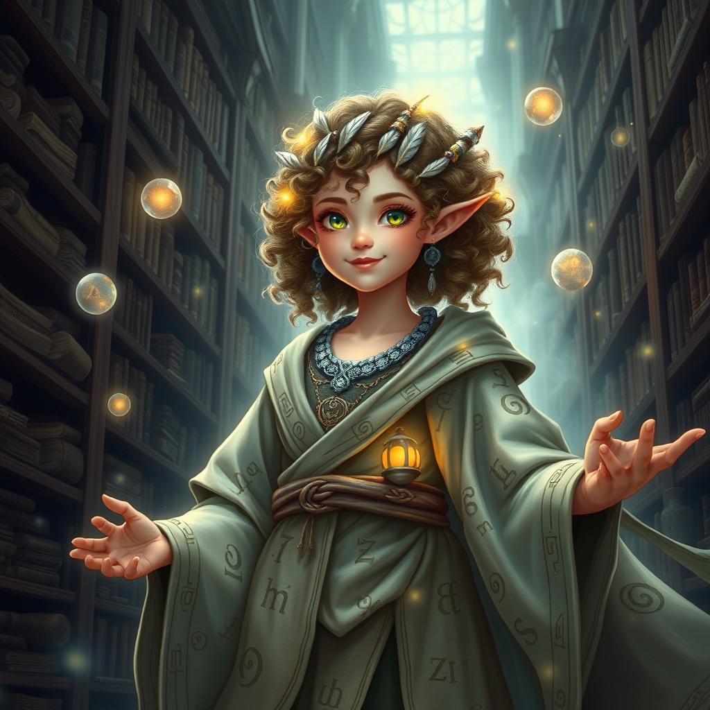 A powerful and wise female halfling representing the God of Knowledge, adorned with intricate, flowing robes filled with ancient runes and symbols that glow softly
