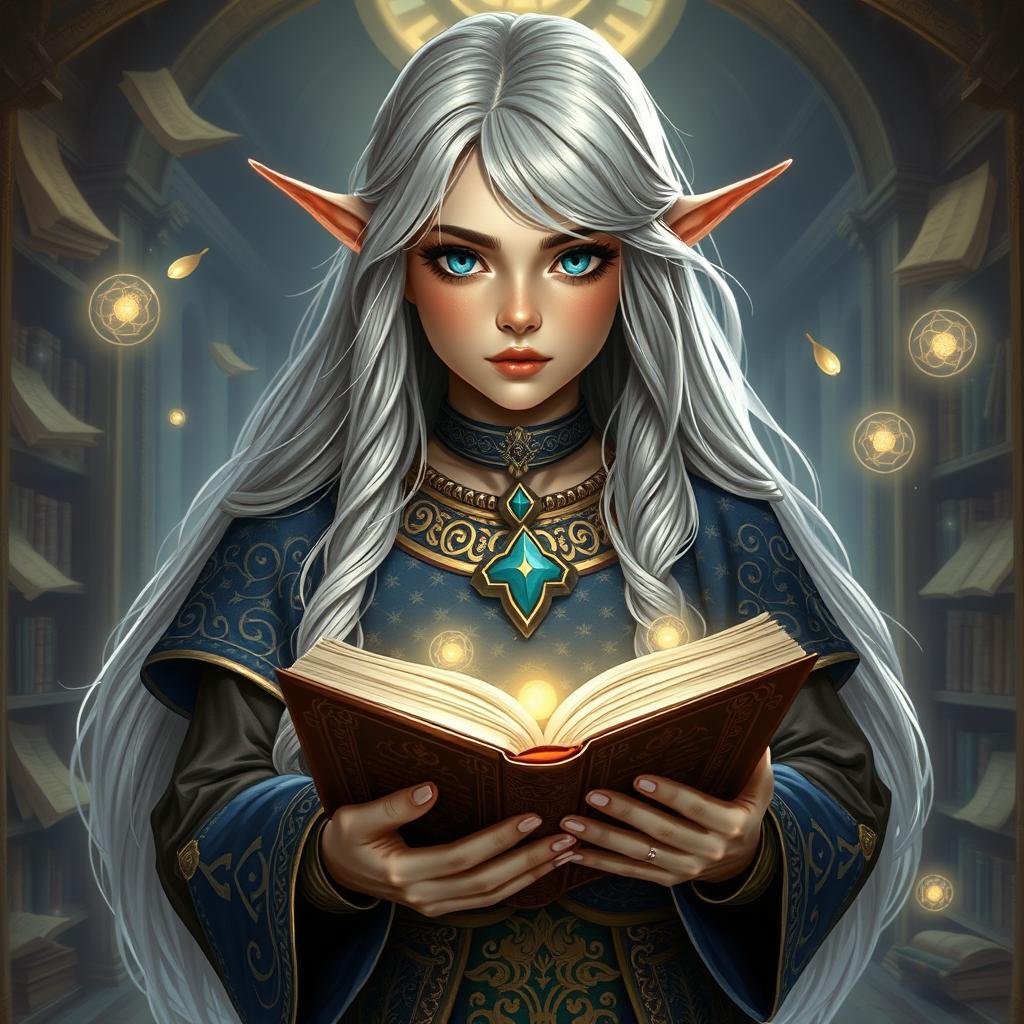 A stunning portrait of a female halfling who embodies the essence of the God of Knowledge
