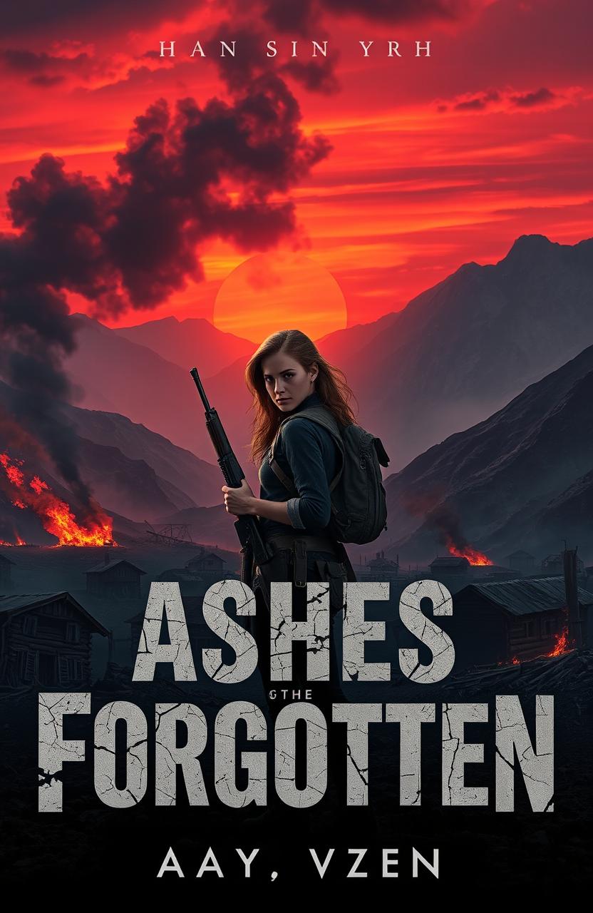 A powerful scene depicting Maya standing at the edge of a charred, desolate mountain village during a dramatic sunset