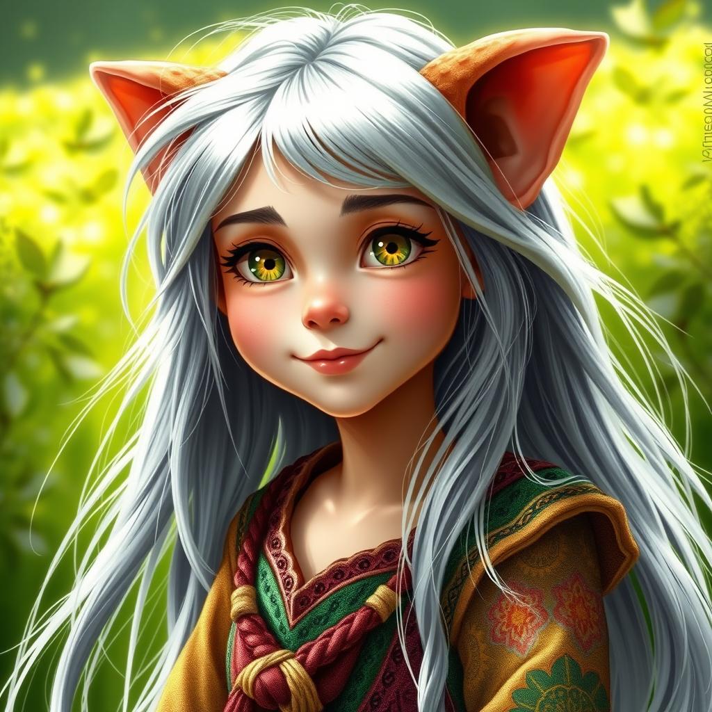 A charming portrait of a female halfling with long, flowing silver hair that shimmers in the light