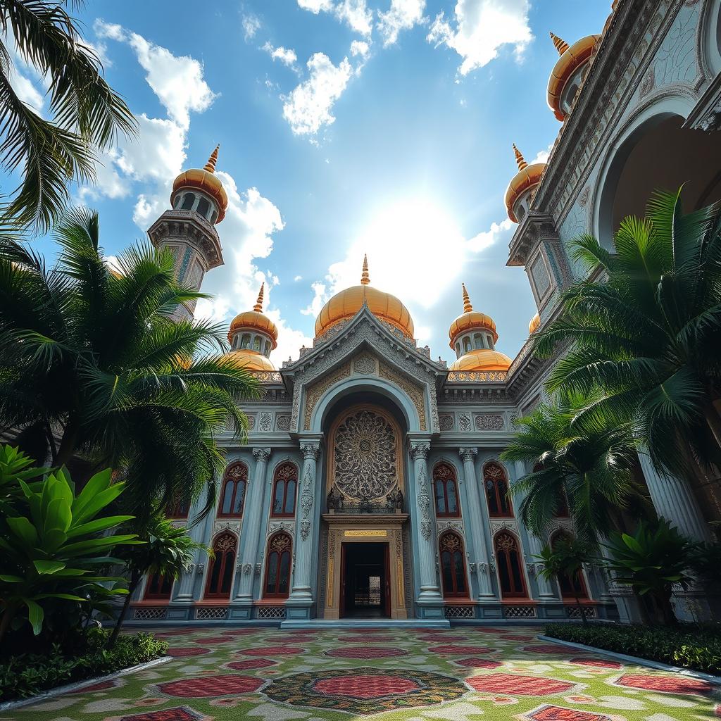 A stunning view showcasing the intricate beauty of Islamic architecture in Indonesia, featuring a grand mosque with ornate decorations, intricate geometric patterns, and beautiful mosaics