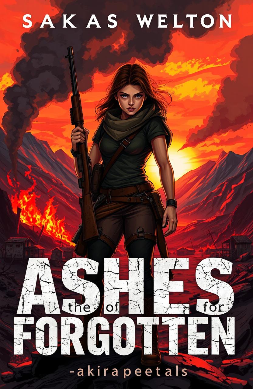 A powerful cover illustration for 'Ashes of the Forgotten', featuring a determined woman named Maya standing at the edge of a charred, desolate mountain village during sunset