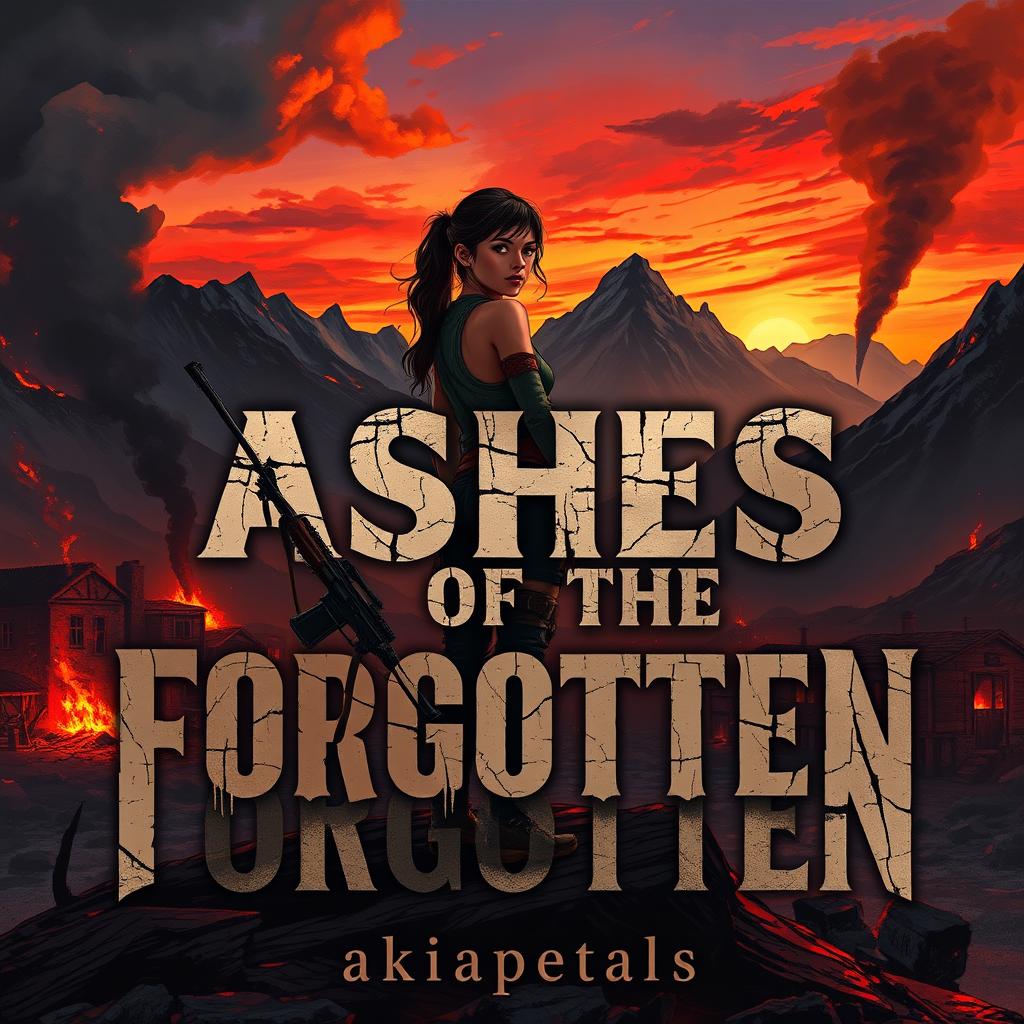 A dramatic cover illustration for 'Ashes of the Forgotten', showcasing Maya standing at the edge of a charred, desolate mountain village at sunset