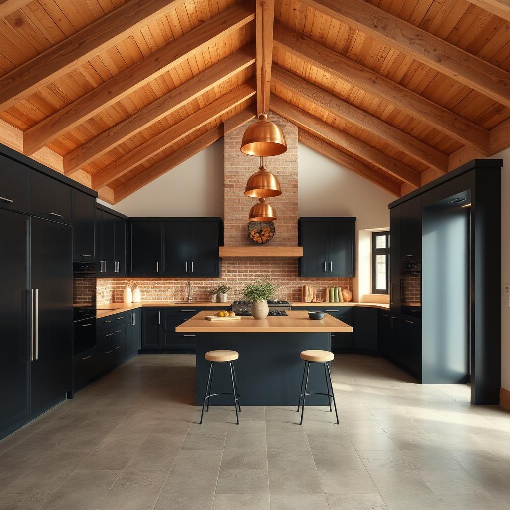 A stylish kitchen featuring high, sloping wooden beam ceilings