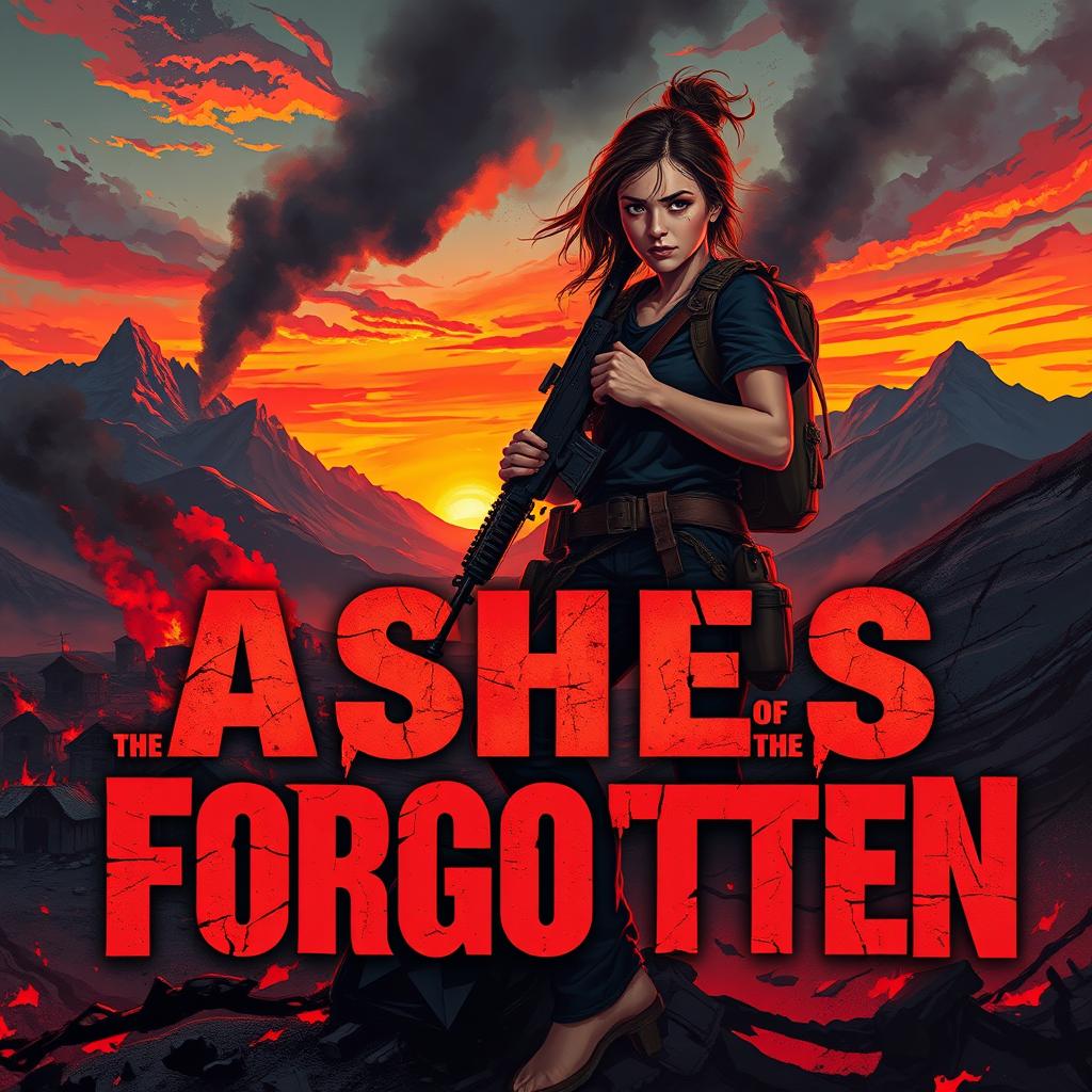 An evocative cover illustration for 'Ashes of the Forgotten', showcasing a determined woman named Maya standing at the edge of a charred, desolate mountain village during a vivid sunset