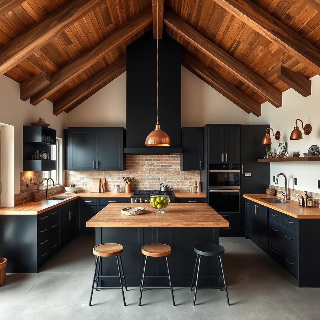 A cozy kitchen featuring high, sloped wooden beam ceilings