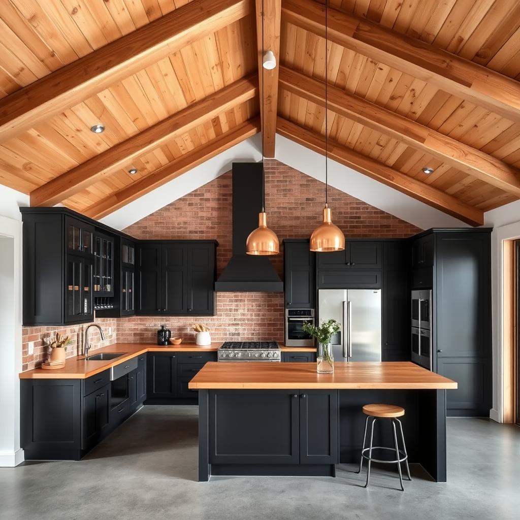 A spacious kitchen featuring high slanted wooden beams and ceilings