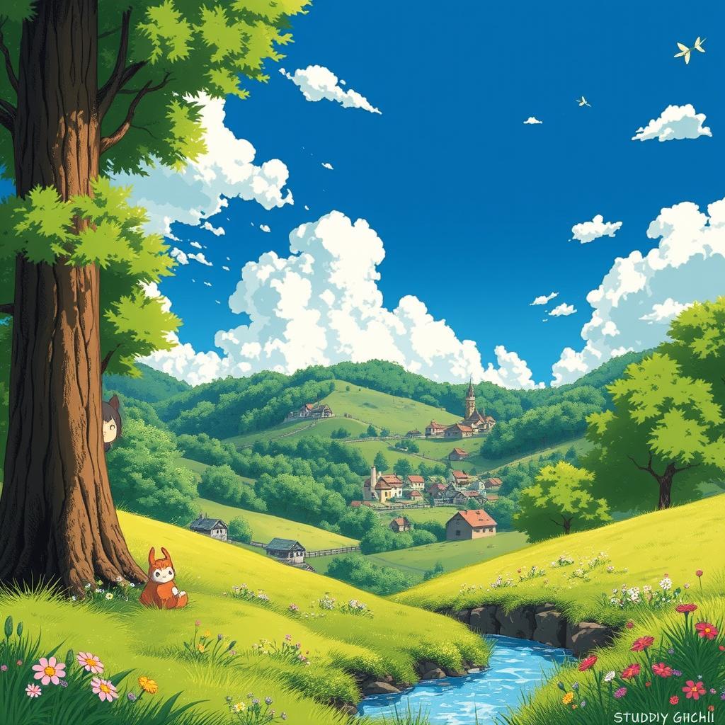 A whimsical landscape inspired by Studio Ghibli, featuring a lush green forest with towering trees, a quaint village nestled in the hills, and a bright blue sky scattered with fluffy white clouds