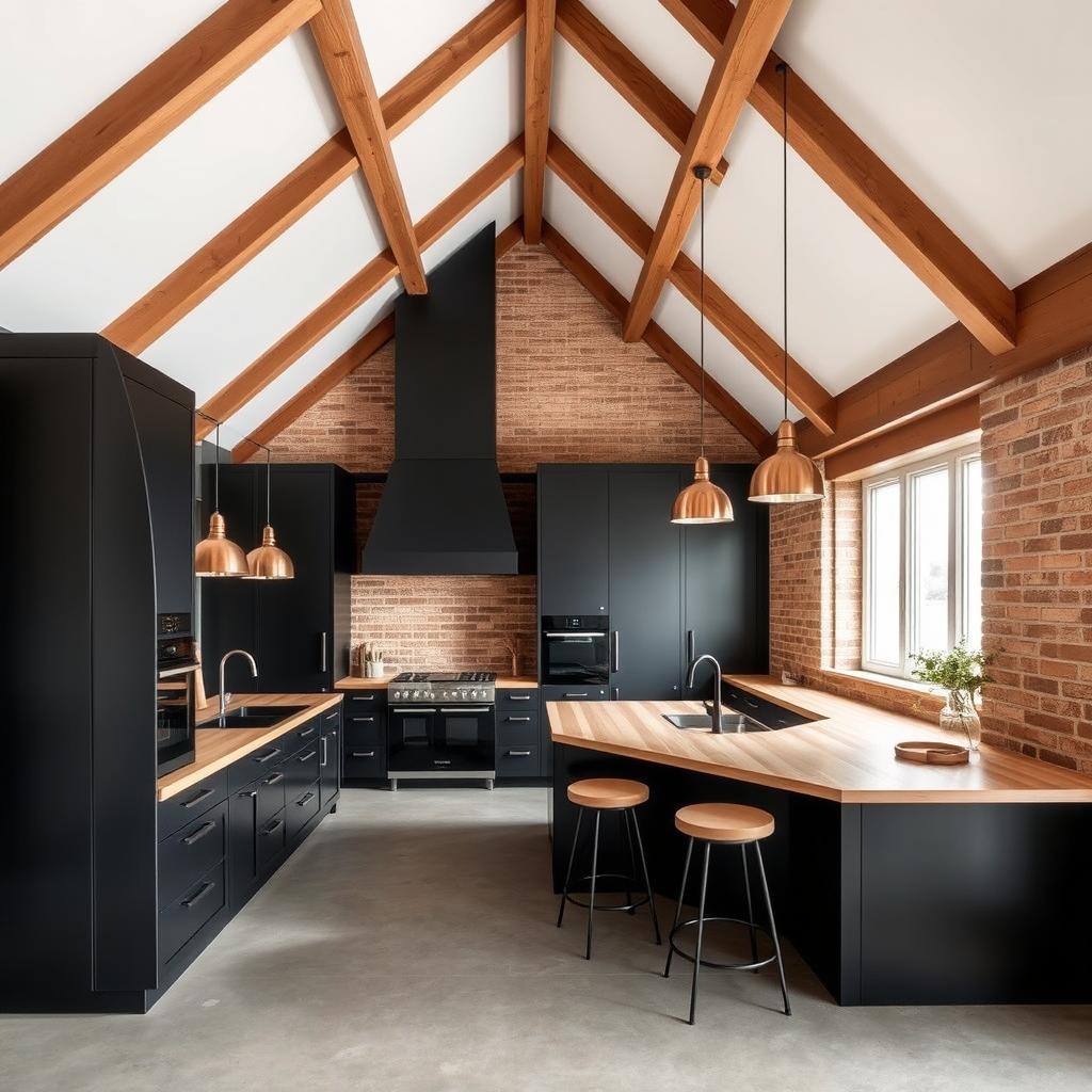 A spacious kitchen with high, sloped wooden beams and ceilings