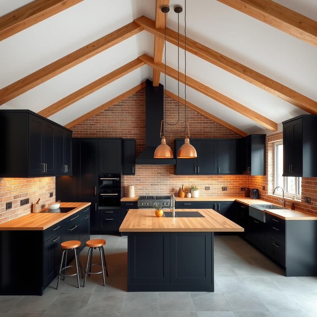 A high-ceiling kitchen with sloped wooden beams, featuring sleek black cabinets and warm wooden countertops