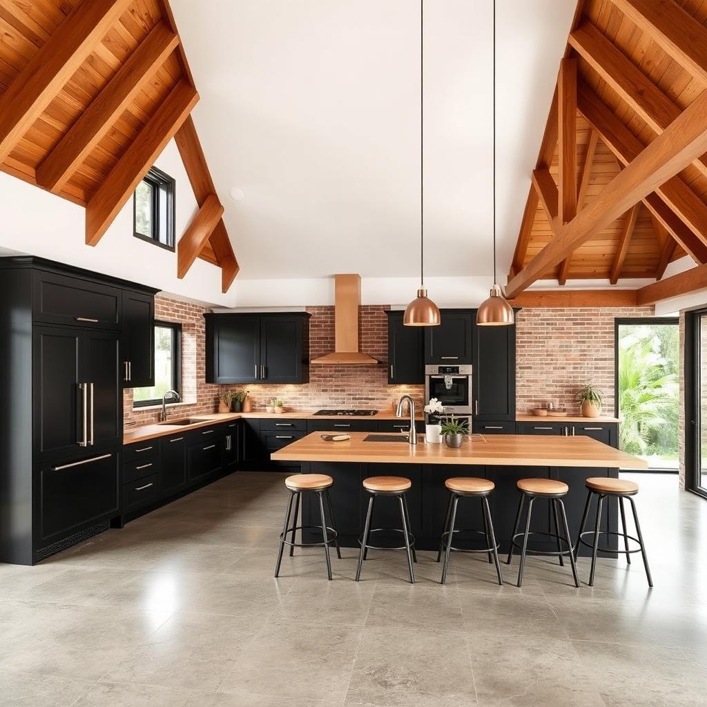 A spacious kitchen design featuring high inclined wooden beams and a modern aesthetic
