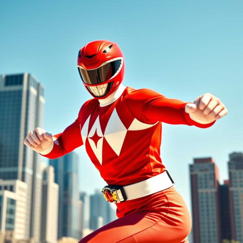 A dynamic and powerful Red Power Ranger in an action pose, wearing the iconic red suit adorned with a white diamond pattern