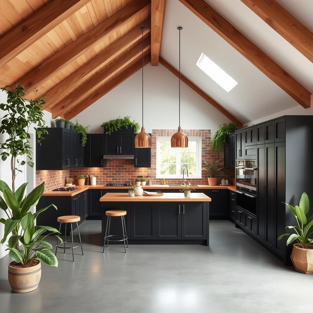 A beautifully decorated kitchen with plants, featuring high sloped wooden beam ceilings
