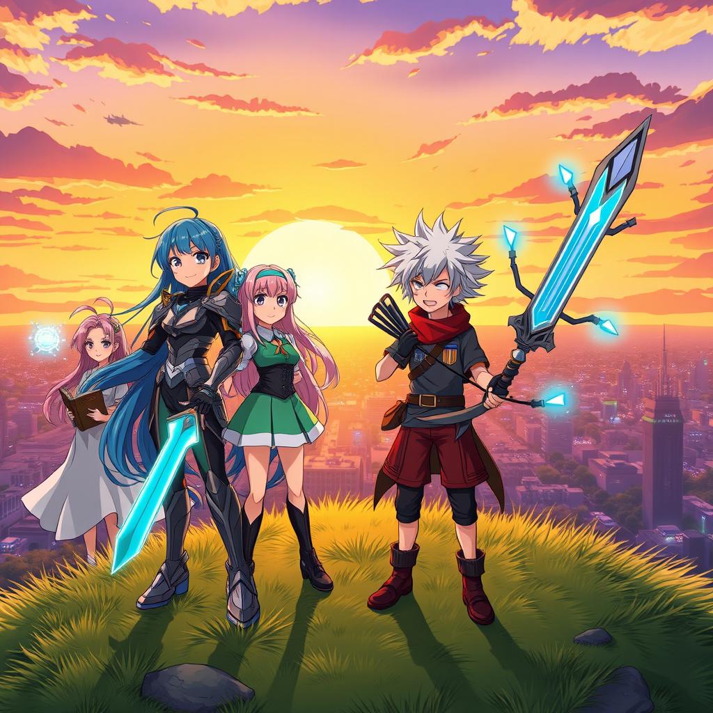 A vibrant anime scene featuring a group of young heroes standing atop a hill during sunset