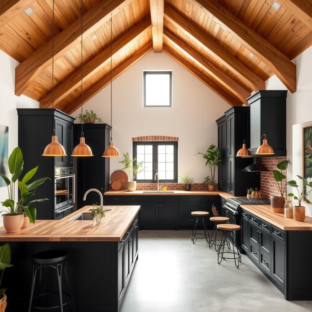 A beautifully decorated kitchen featuring high, sloped wooden beam ceilings, black cabinets, and wooden countertops