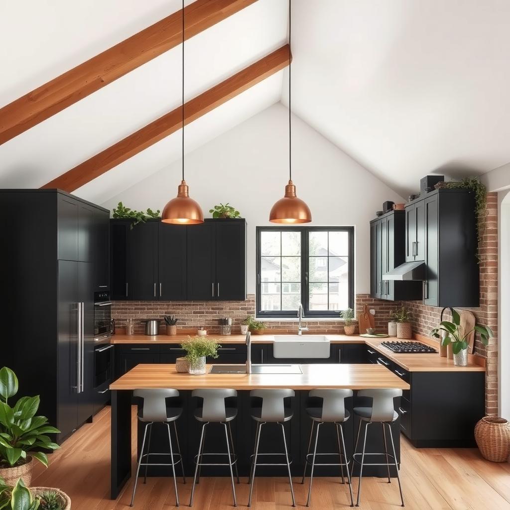 A beautifully designed kitchen featuring high, sloped wooden beam ceilings and an L-shaped layout