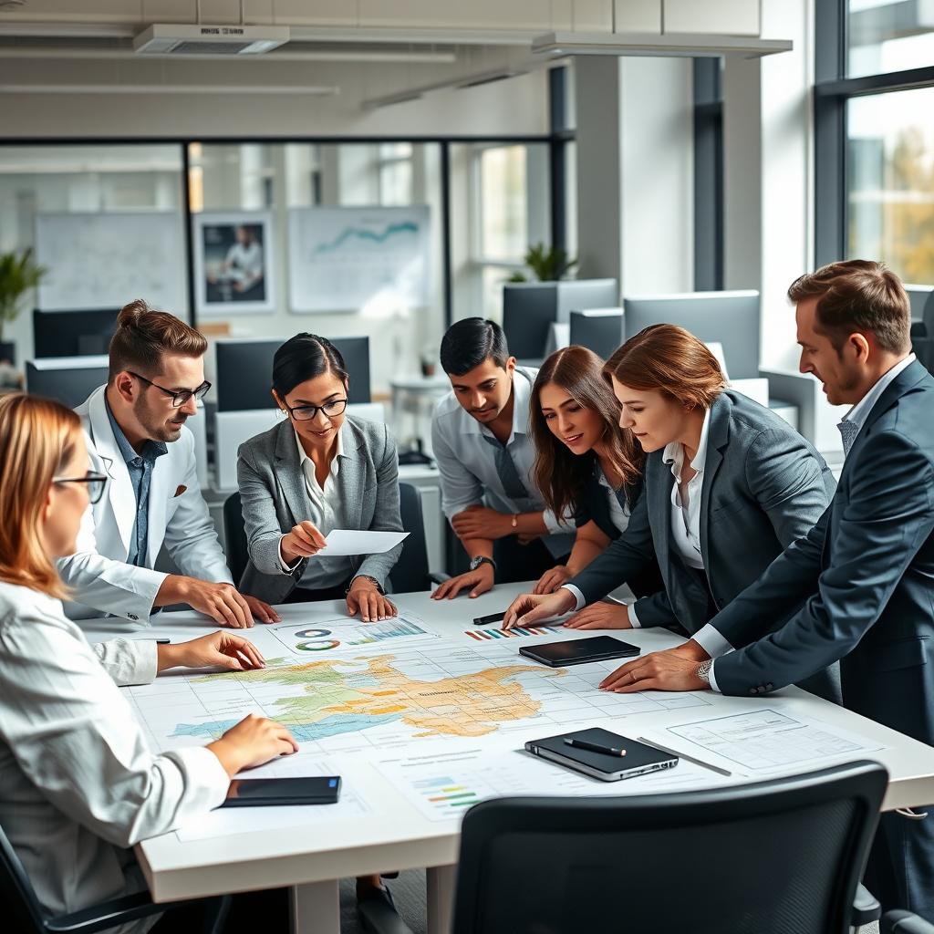 A professional scene depicting technical and administrative staff from the Edeeste Distribution Department