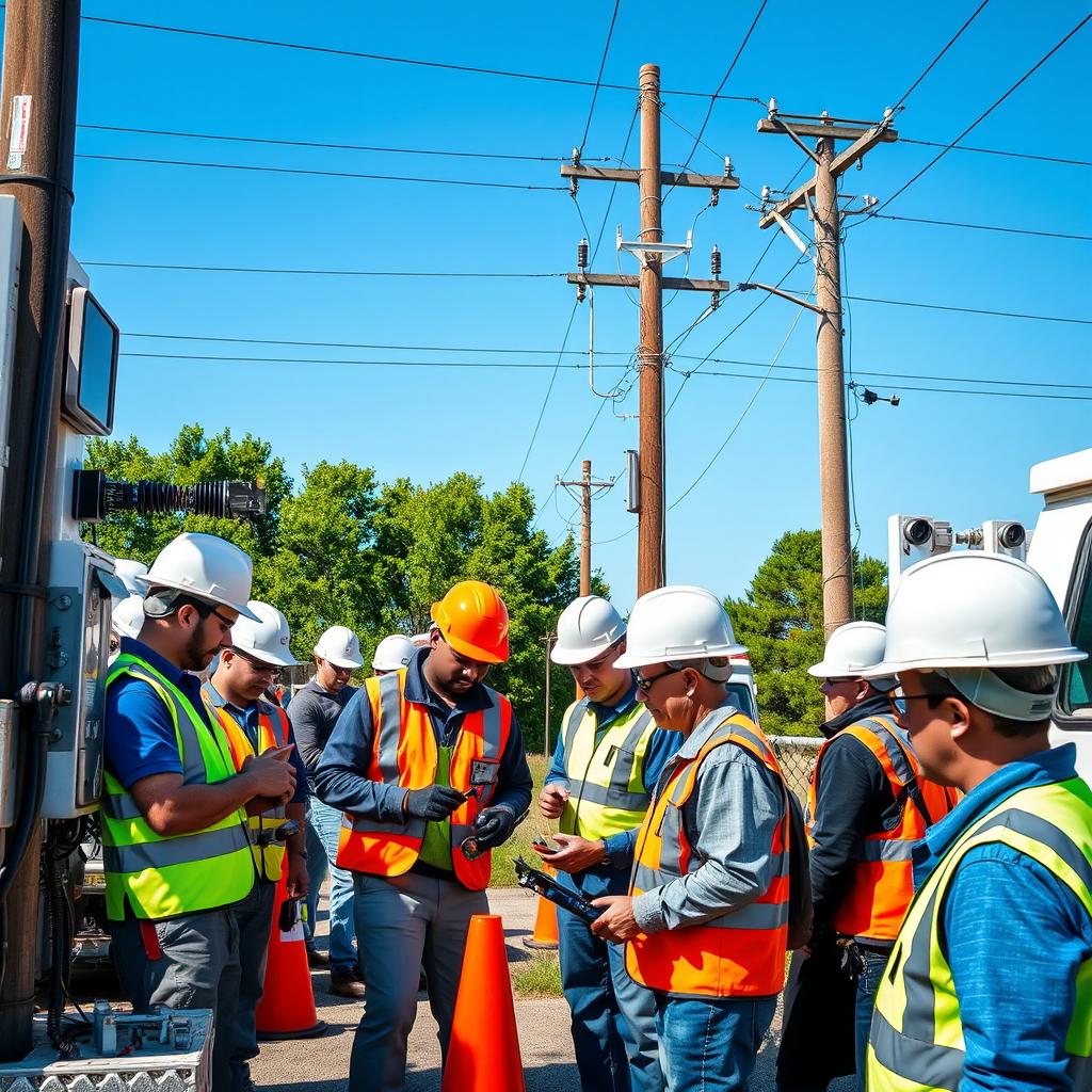 A scene depicting technical personnel from the Edeeste Distribution Department working diligently on a medium voltage power outage