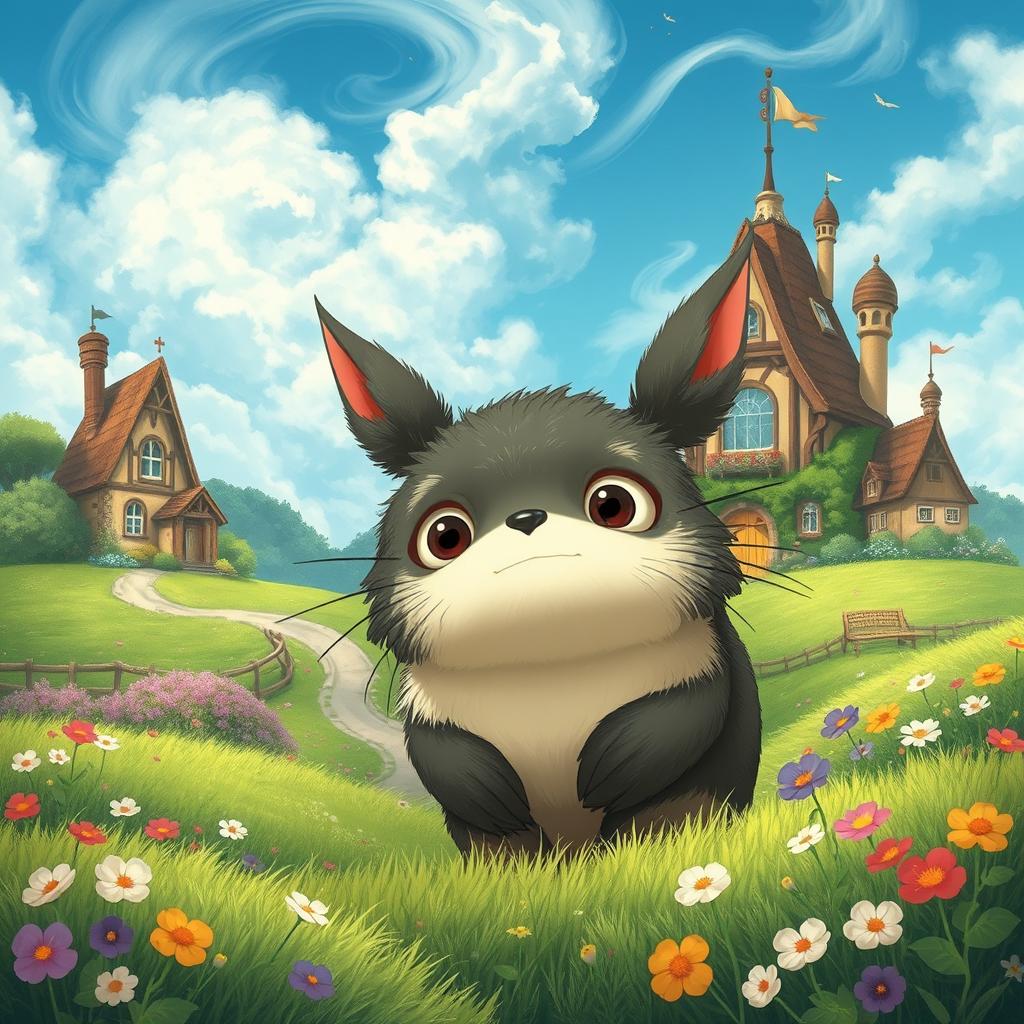 A whimsical scene inspired by Studio Ghibli featuring a fantastical creature resembling the subject from the provided photo, surrounded by lush, vibrant nature
